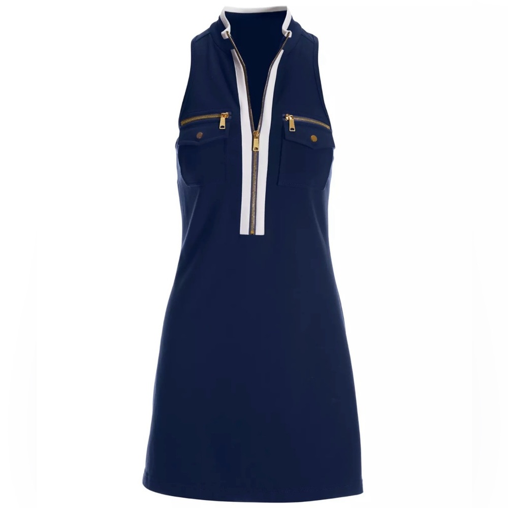 Boston Proper Navy Sleeveless Polo Dress with White Trim and Gold Accents